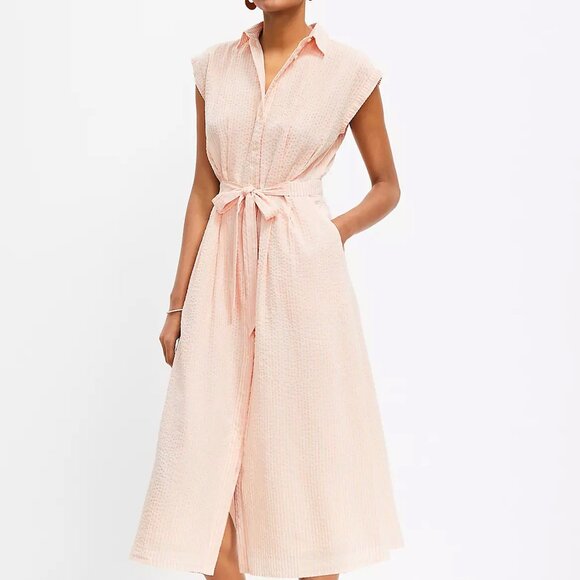 Loft Pink Striped Seersucker Midi Pocket Shirtdress with Pockets, size 12 - Picture 1 of 10